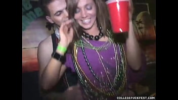 Young brunette gets naughty at Mardi Gras party with amateur guy